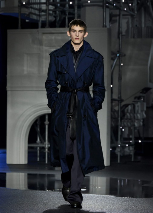Navy, long and belted
