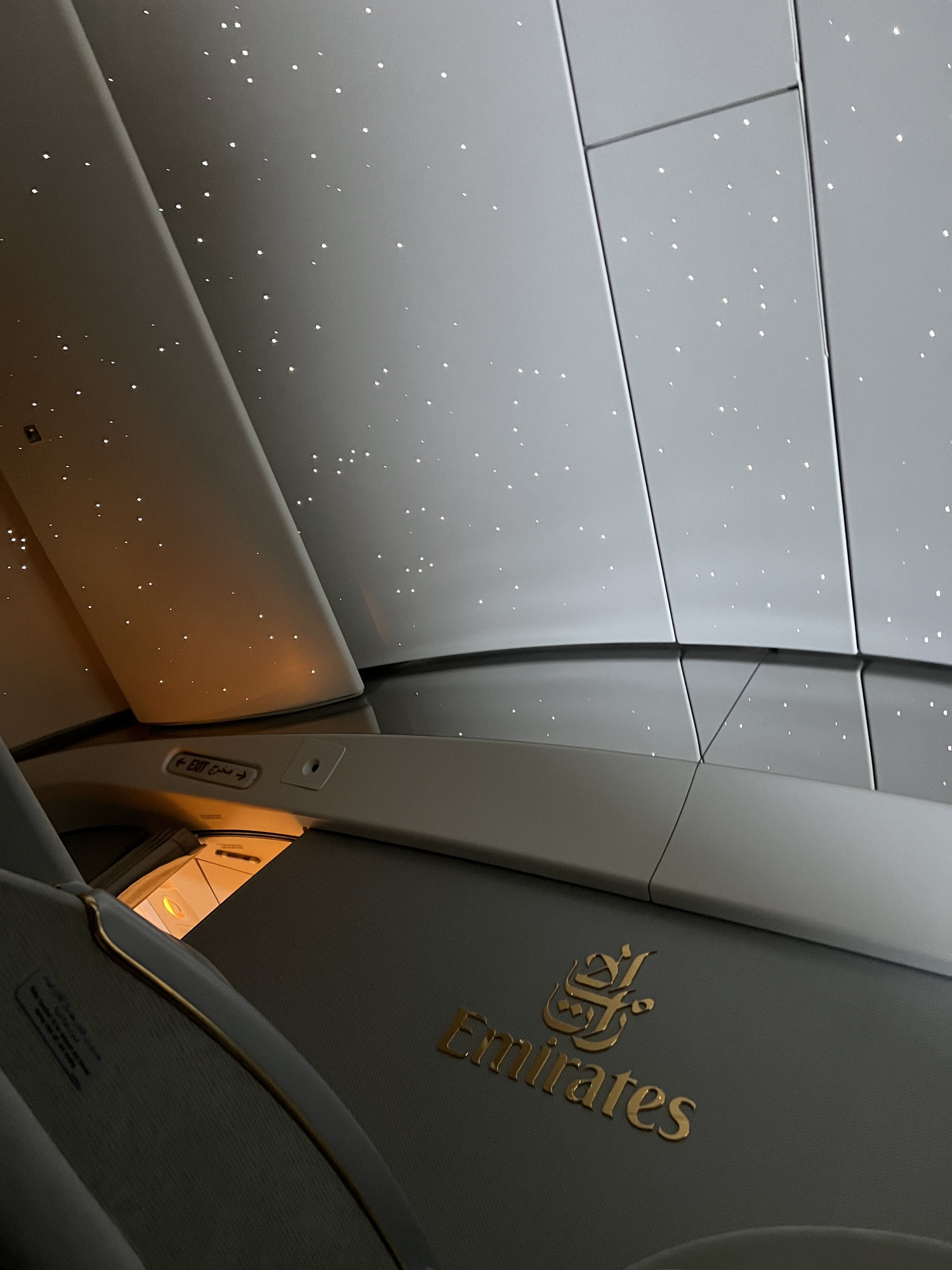The starlit ceiling of the Emirates A380 First Class cabin