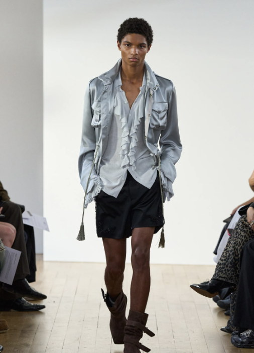 Pale blue silk, gathered and ruched