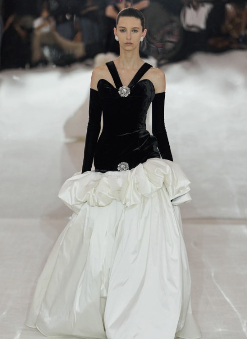 A velvet bodice above a white bubble skirt